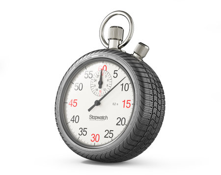 Stopwatch in form of car wheel on white background. 3d illustrationの写真素材