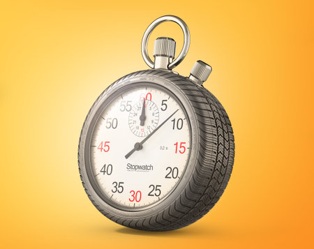 Stopwatch in form of car wheel on a yellow background. 3d illustrationの写真素材