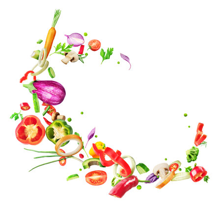The concept of nutrition. Pieces of vegetables in the form of a wave on a white background.の写真素材