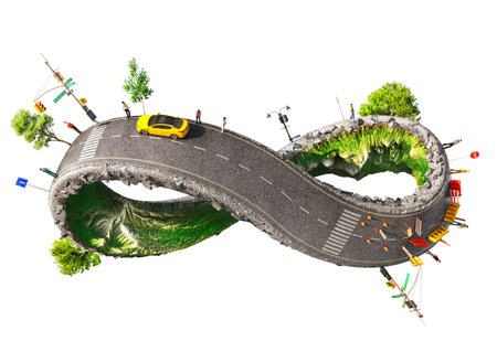 Road repair concept. Road in form of infinity sign with different road conditions on a white background. 3d illustrationの写真素材