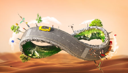 Road repair concept. Road in form of infinity sign with different road conditions on a desert...