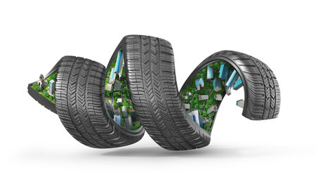 Car tire in form of helix on a white background. 3d illustrationの写真素材