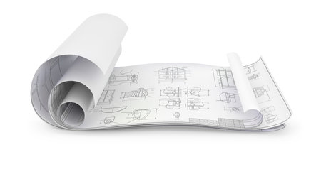 Several unfolded blueprints on a surface on a white background. Vector illustrationのイラスト素材