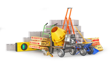 Construction concept. Building instruments with bricks on a white background. 3d illustrationの写真素材