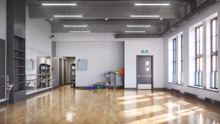 3D rendering of an empty room with a lot of equipment.の写真素材