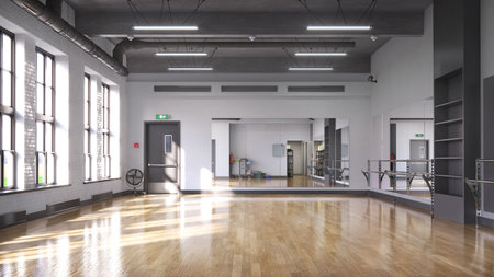 Empty hall. Dance studio with a mirrors and big windows. 3d illustrationの写真素材