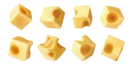 Set of piece of cheeses in different position isolated on a white backgroundの写真素材