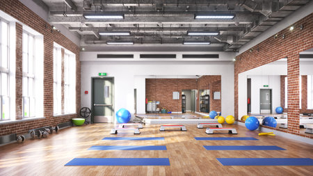 Fitness gym with mirrors and windows. 3d illustrationの写真素材
