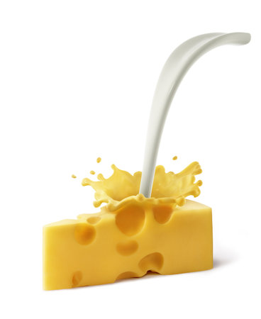 Cheese with cheese crown and milk jet on a white backgroundの写真素材