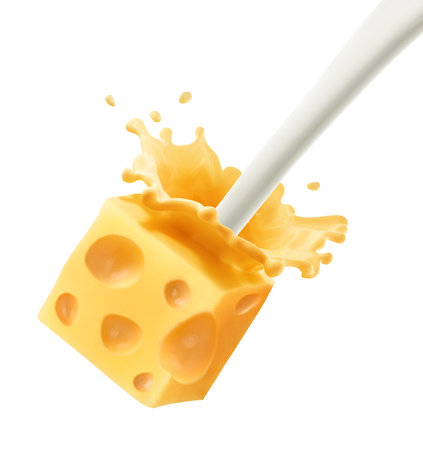 Piece of cheese with cheese crown and milk jet isolated on white backgroundの写真素材