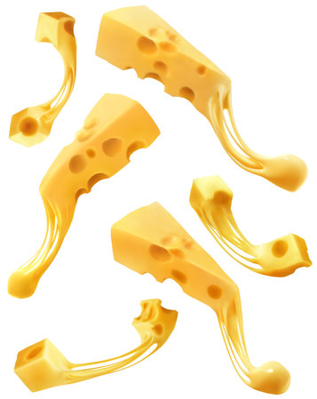 Cheese set with melted and stretched cheeses on a white backgroundの写真素材
