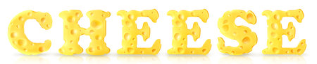 Cheese in the form of letters with a shadow.Cheese text on a white isolated backgroundの写真素材