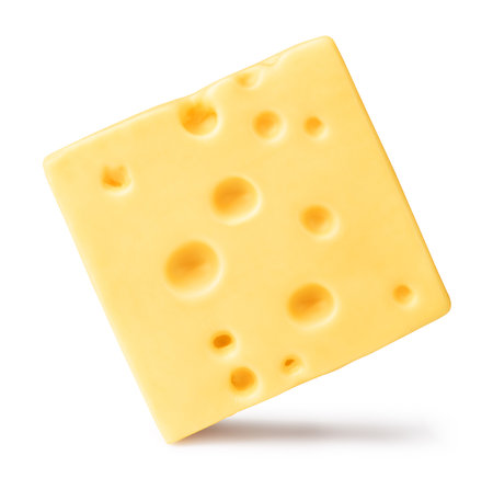 Piece of cheese with shadow on white backgroundの写真素材