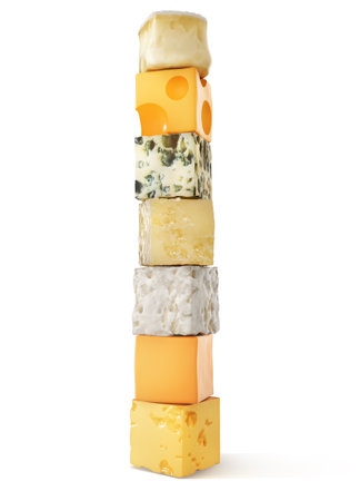 Pieces of different cheese on a white background.3d illustrationの写真素材