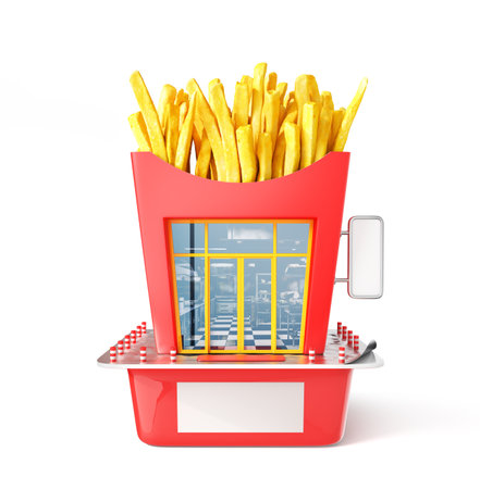 Fast food concept. Store in form of fried potato box with sauce. 3d illustrationの写真素材