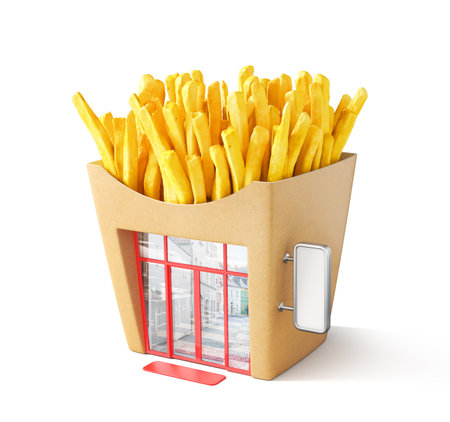Fast food concept. Store in form of fried potato box with sauce. 3d illustrationの写真素材