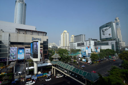 The skyline in the city area to Pratunam in the center of the capital Bangkok of Thailand in South...