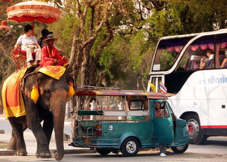 An elephant taxi in front of one of the many temples in the temple city of Ayutthaya north of Bangkok in Thailandのeditorial素材