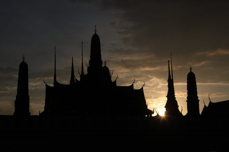 The Tempelgelaende at the Royal Palace in the historic center of the capital Bangkok in Thailand at dusk with the Wat Phra Keoのeditorial素材