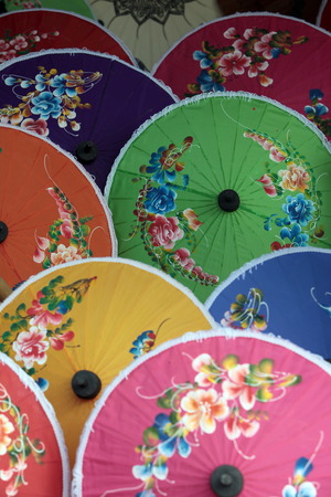 The traditional paper umbrella production in Chiang Mai in the north of Thailandの写真素材