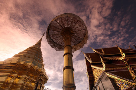 The chedi of the temple complex of Wat Phra That Doi Suthep in Chiang Mai, Chiang Mai province in northern Thailand in South East Asiaの写真素材