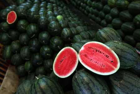 Watermelons on the Talat Warorot market in Chiang Mai in Chiang Mai province in northern Thailand in Southeast Asiaの写真素材
