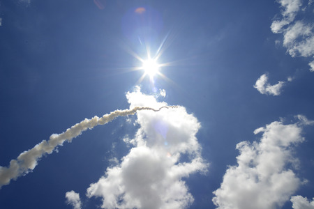 A Rackete starts at traditioellen Bun Bang Fai Rocket Festival or or Rocket Festival in Ban Si Than in the province Amnat Charoen north-west of Ubon Ratchathani in the northeast of Thailand in South East Asiaの写真素材