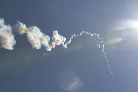 A Rackete starts at traditioellen Bun Bang Fai Rocket Festival or or Rocket Festival in Ban Si Than in the province Amnat Charoen north-west of Ubon Ratchathani in the northeast of Thailand in South East Asiaの写真素材