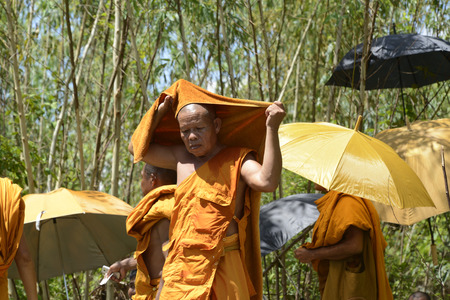 Monks watching a rocket launch at traditioellen Bun Bang Fai Rocket Festival or or Rocket Festival in Ban Si Than in the province Amnat Charoen north-west of Ubon Ratchathani in the northeast of Thailand in South East Asiaのeditorial素材
