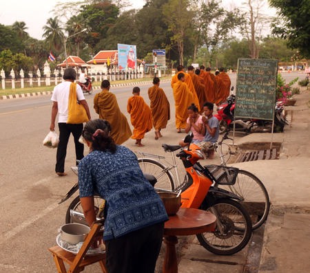 Monks draw in the early morning of Old Sukhothai Province Sukhothai in the north of Thailand in South East Asiaのeditorial素材