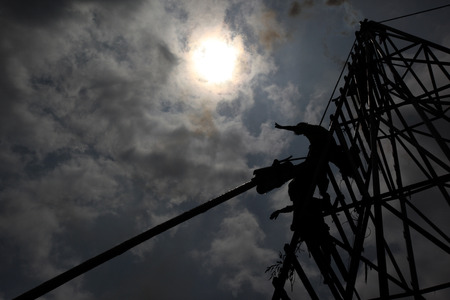 A rocket is used to launch ready made at the Federal Bang Fai Rocket Festival in Yasothon or in Isan in the northeast of Thailandのeditorial素材