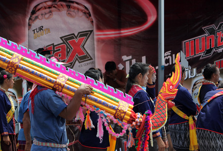 A Raketentraeger at the festival parade at the Bun Bang Fai Rocket Festival in Yasothon or in Isan in the northeast of Thailandのeditorial素材