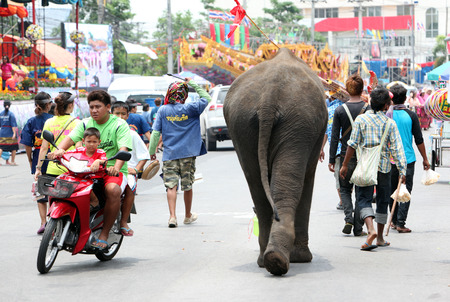 A Elefanz moves through the city Yasothon Bun Bang Fai or the Rocket Festival in Yasothon in Isan in the northeast of Thailandのeditorial素材