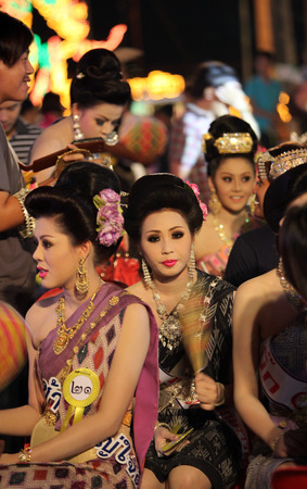 A candidate on the occasion of Miss pageant at the Federal Bang Fai Rocket Festival in Yasothon or in Isan in the northeast of Thailandのeditorial素材