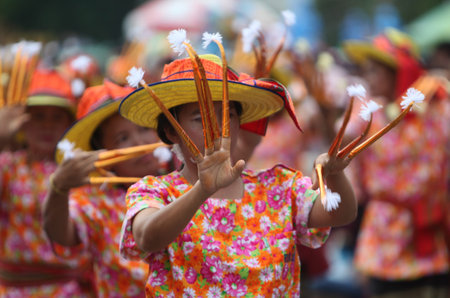 A traditional dance group shows at the festival parade at the Bun Bang Fai Rocket Festival in...