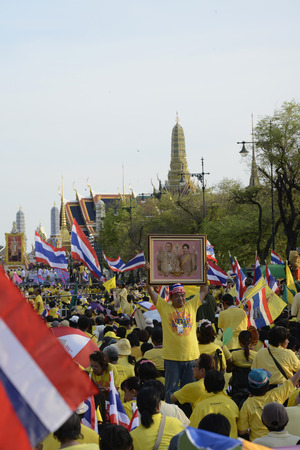 Thousands of Thai people celebrate the coronation of King Bhumibol on the Sanam Luang park in front of Wat Phra Kaew in Bangkok City in Thailand in Southeast Asiaのeditorial素材