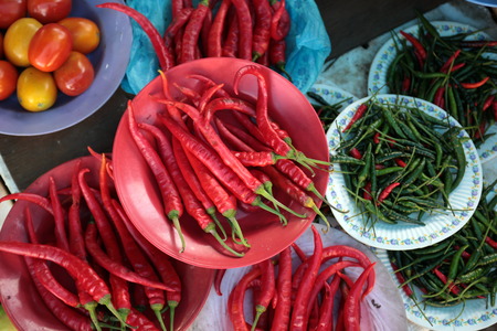 A selection of vegetables, fruits and spices on the market in the capital Bandar Seri Begawan in Brunei Darussalam Kingdom on Borneo in South East Asiaの写真素材