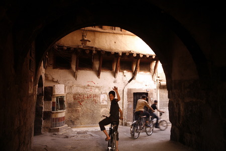 An alley in the old city of Damascus Souq and in the capital of Syriaのeditorial素材