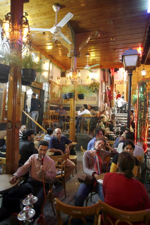A traditional cafe in the old city of Damascus Souq and in the capital of Syriaのeditorial素材