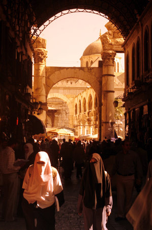 An alley with shops in the souq in the old city of the Syrian capital of Damascusのeditorial素材