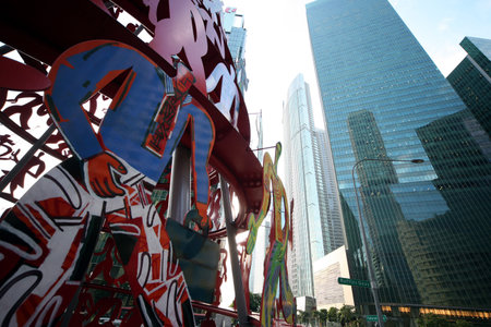 The skyline of the financial district at Boat Quay of Singapore in the island state of Singapore in...
