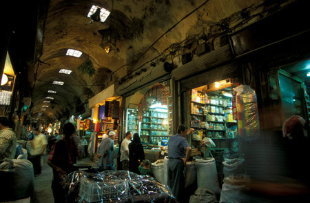 On the Souq or market in the Old City of Aleppo in the capital of Syriaのeditorial素材