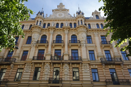 Europe, Eastern Europe, Baltic States, Latvia, Riga, Town, City, facade, Art Nouveau, Architecture, house, art,のeditorial素材