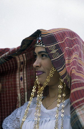 A couple in traditional wedding attire in Mahdia on the Mediterranean Sea in north-eastern Tunisia in North Africaのeditorial素材