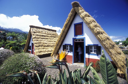 Two Traditional houses in Santana Santana in the north of the island of Madeira in the Atlantic Ocean, Portugalのeditorial素材