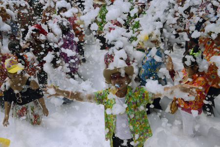 The Songkran festival or Thai New Year water festival to be in full swing north of Bangkok in Ayutthaya Thailand in Southeast Asiaのeditorial素材