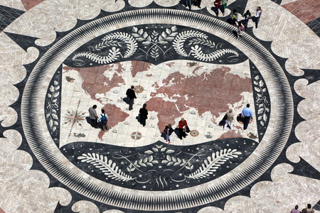 The view from the vantage point of Padrao dos Descobrimentos to the seafaring world map on the forecourt in Belem in Lisbon, Portugalのeditorial素材