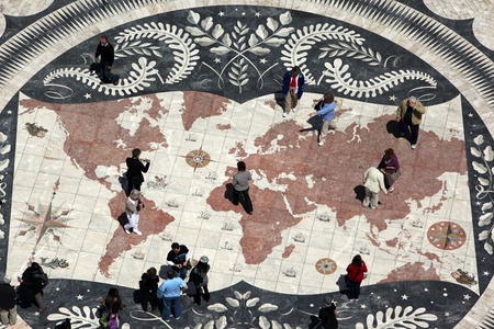 The view from the vantage point of Padrao dos Descobrimentos to the seafaring world map on the forecourt in Belem in Lisbon, Portugalのeditorial素材