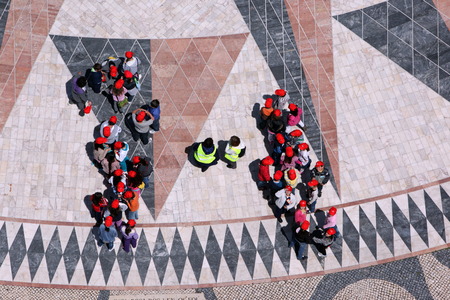 The view from the vantage point of Padrao dos Descobrimentos to the seafaring world map on the forecourt in Belem in Lisbon, Portugalのeditorial素材