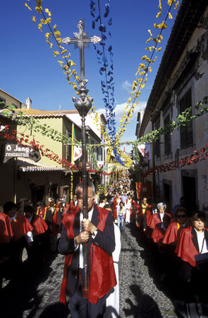 A procession in the old town in the center of Funchal on the flower island of Madeira, Portugal